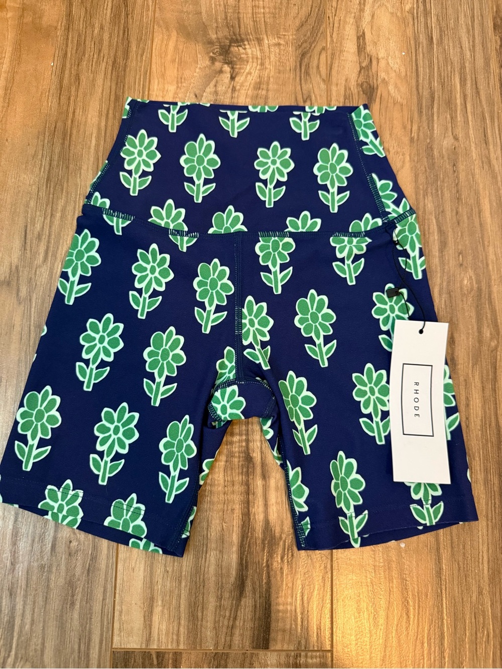 RHODE Navy Floral High-Rise Bike Shorts with Green Print